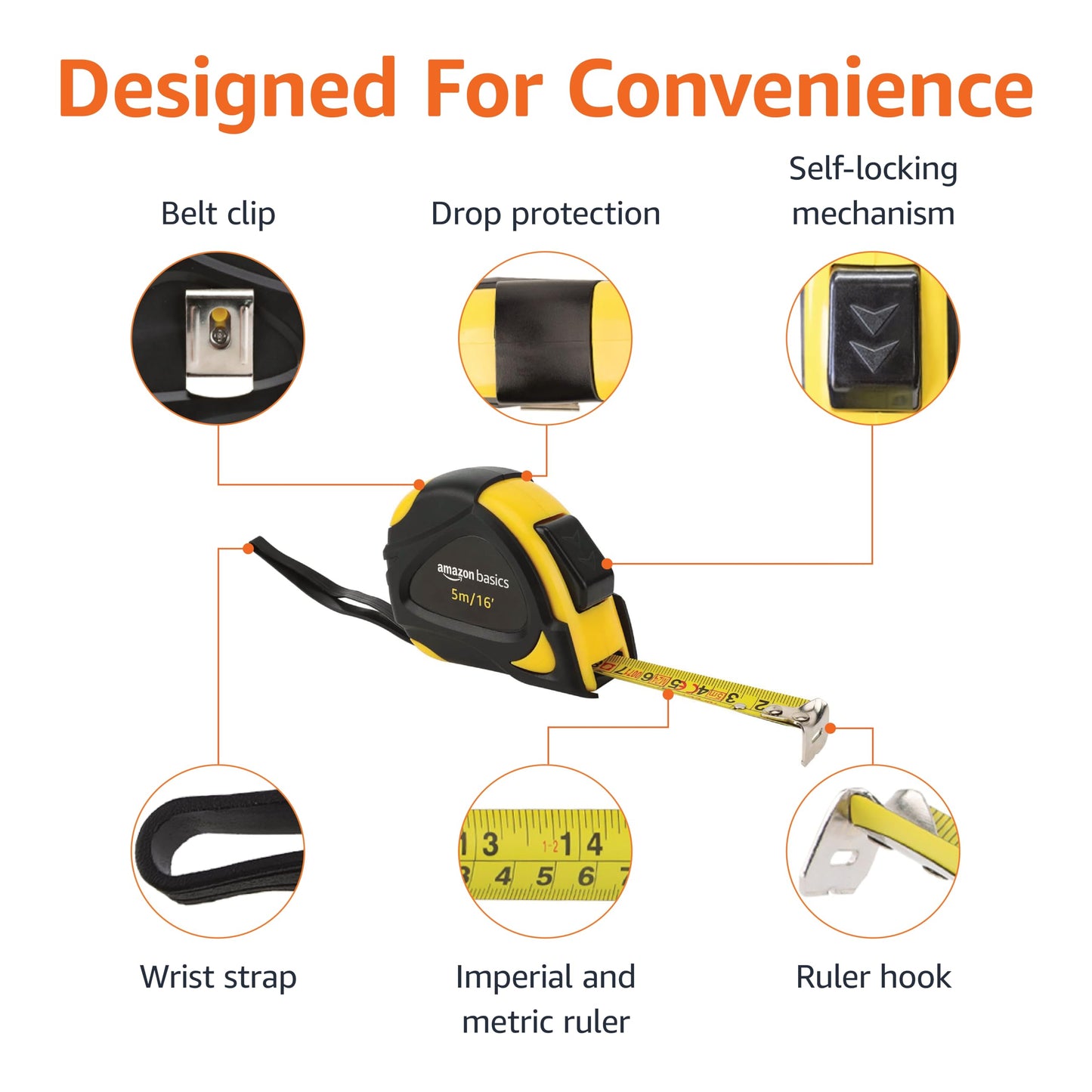 Amazon Basics Self-Locking Tape Measure, MID Accuracy, 16-Feet (5-Meters), Black, Yellow