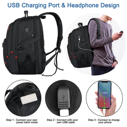 Z-MGKISS Travel Laptop Backpack, 52L Extra Large Backpack for Men, Overnight Backpack, TSA Flight Rucksack 17.3 Inch, Anti-Theft Work Bag with USB Port, Big Computer Bag for College & Business, Black
