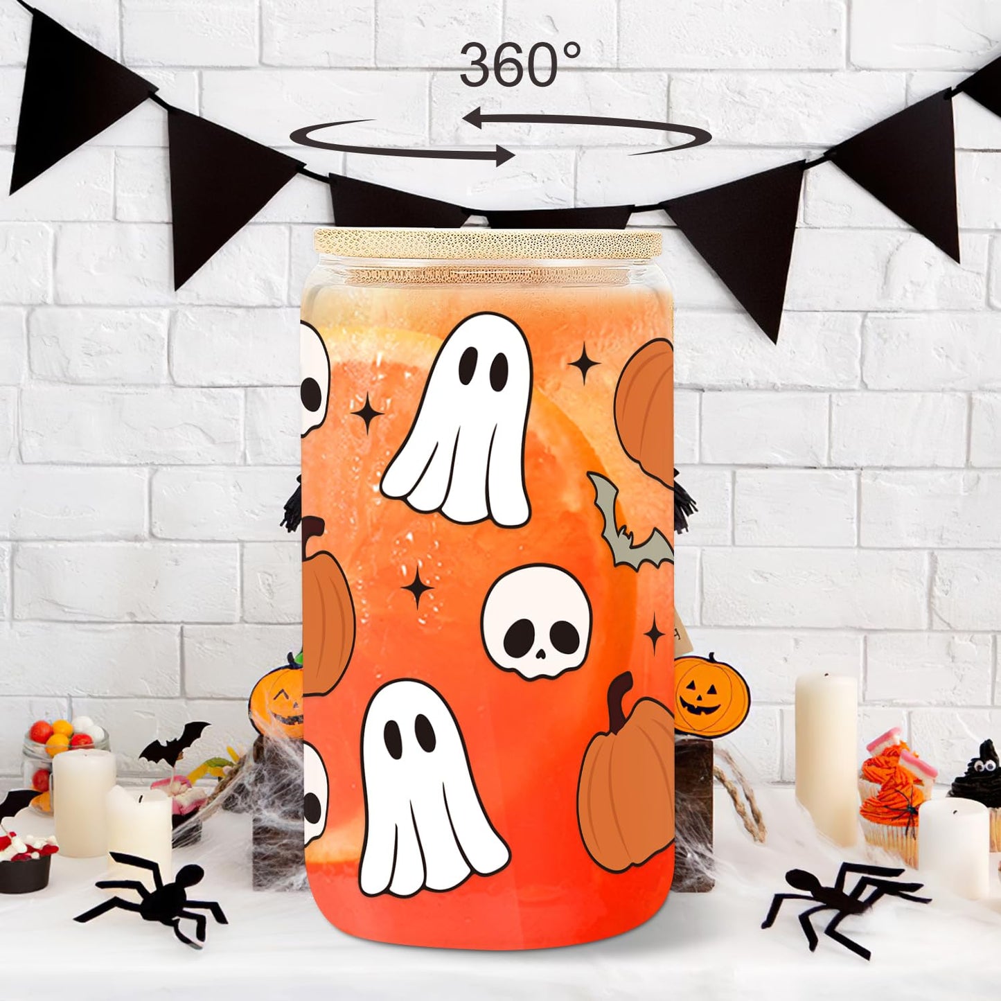 UAREHIBY Halloween Ghost Pumpkin Skull Fall Cup, 18oz Pumpkins Fall Mug, Iced Coffee Glass Tumbler with Lids and Straws, Spooky Glass Cup, Goth Spooky Gifts, Halloween Gifts for Women Kids Teens Adult