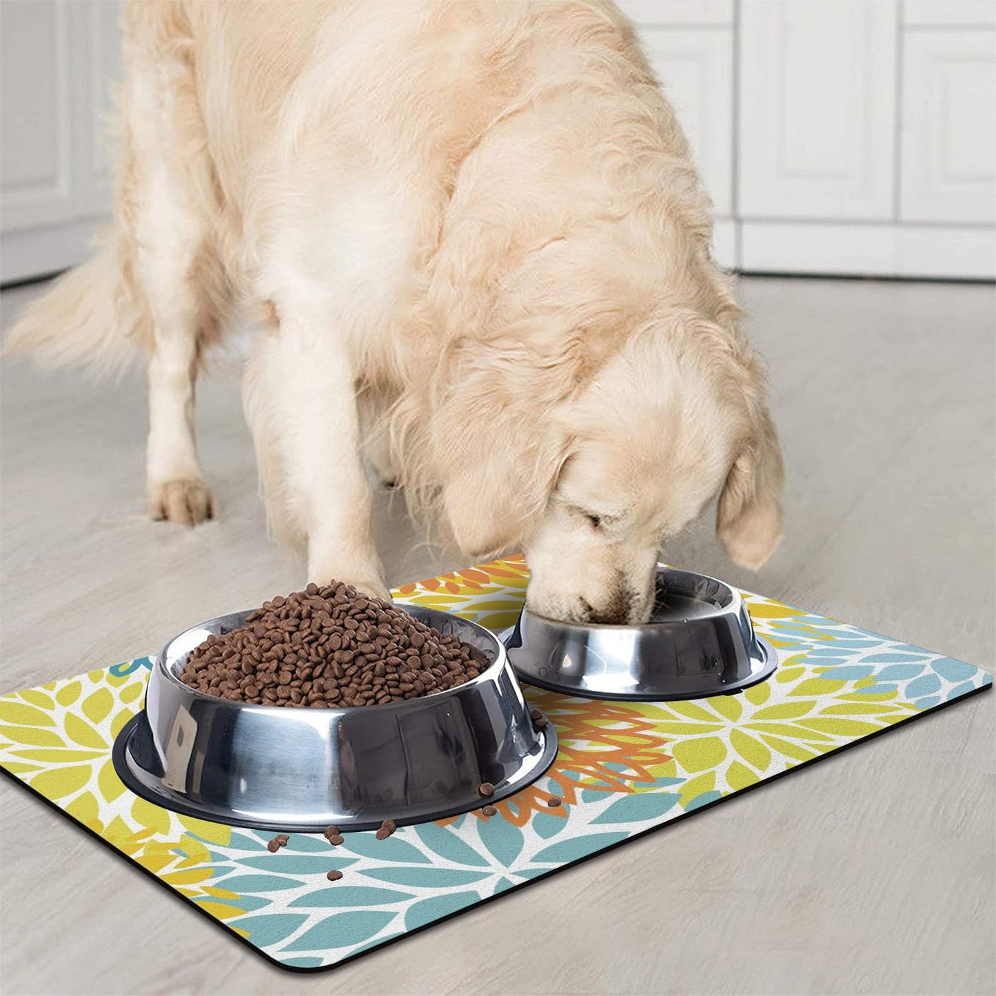 Dog Food Mats for Floors, Absorbent and Quick-Drying Pet Cat Food Mat,Anti-Fouling and Easy-to-Clean Pet Feeding Mat,Dog Bowl Mat for Messy Drinking Water Bowls.16x24, Bohemia Dahlia Floral Style