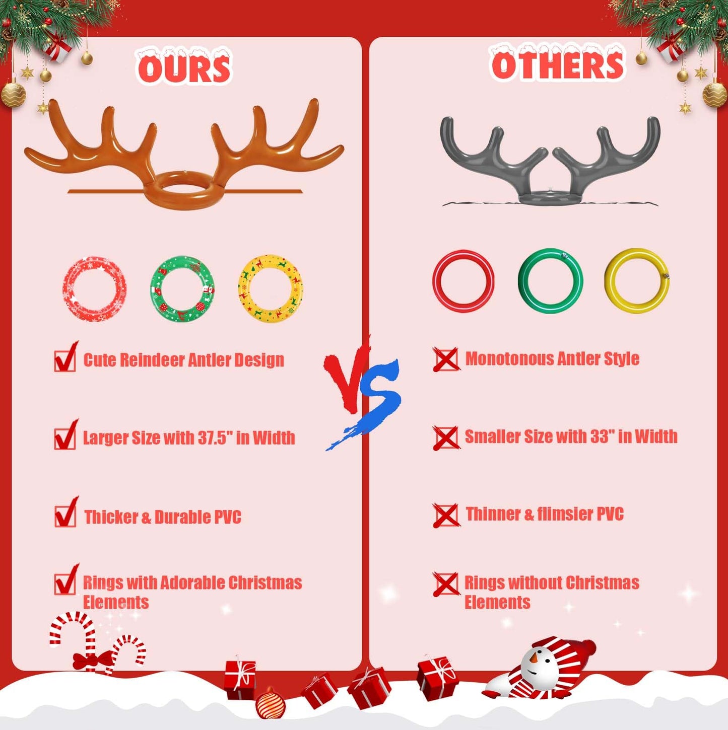 Christmas Inflatable Reindeer Antler Ring Toss Game 2 Sets, 2024 Christmas Games Party Supplies for Family Party (2 Antlers 12 Rings)