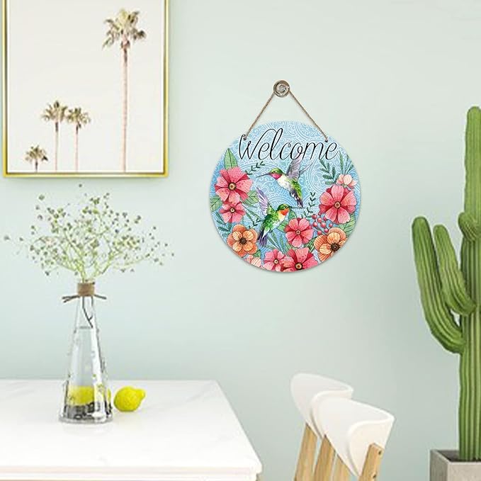 Deroro Welcome Spring Hummingbird Birds Sign for Front Door Decor, Floral Flowers Wood Door Hanger for Outdoor Outside Porch, Seasonal Summer Farmhouse Wooden Wreath Indoor Wall Hanging Decoration