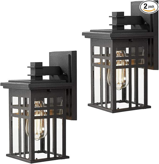 zeyu 2 Pack Outdoor Wall Sconce, Exterior Wall Mount Light in Black Finish with Clear Glass Shade, 20068B1-2PK