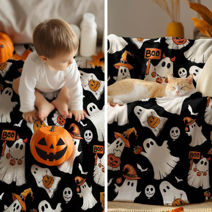 Horaldaily Halloween Flannel Blanket Throw, Ghost Boo Jack-O-Lantern Pumpkin Skulls Soft Fuzzy Plush Cozy Fleece Blankets for Couch Sofa Bed Lounging, Ideal Gifts for Kids Adults Wife Self, 50x60