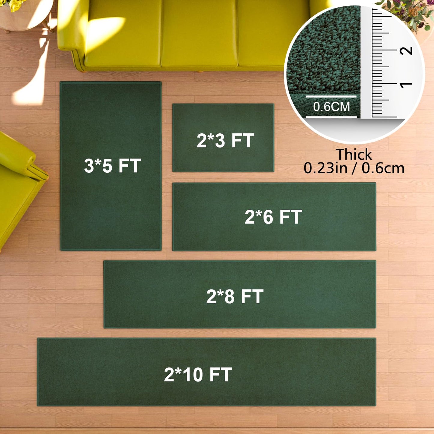 Runner Rug with Non Slip Rubber Backing, Washable Soft Floor Carpet for Kitchen, Hallway, Entryway Indoor, Bedroom, Laundry, Low Pile Area Rugs, Solid Color with Pointillism Style (Green, 2' * 6')
