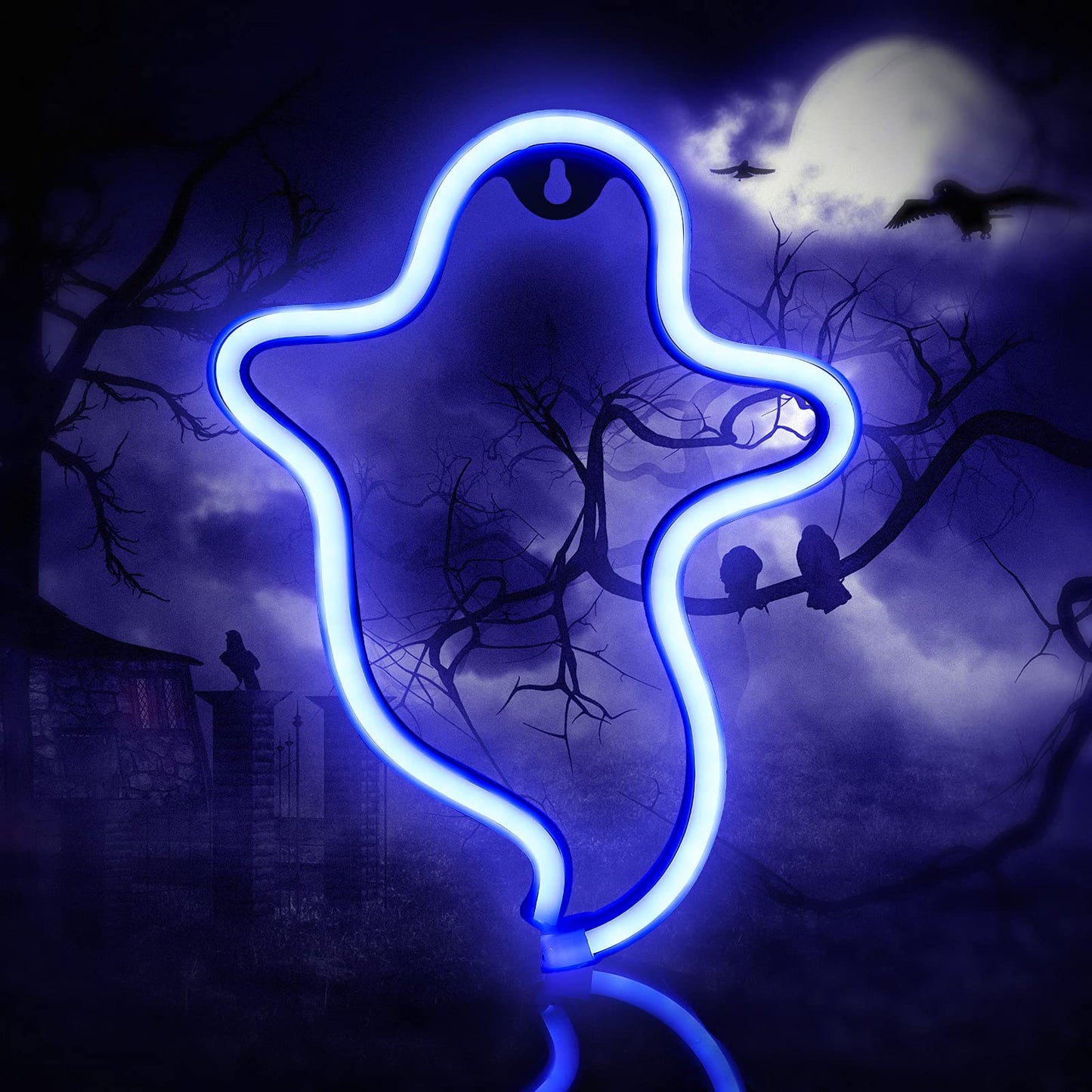 Neon Ghost Sign LED Neon Light Halloween Decoration Ghost Indoor Night Light with Battery or USB Power for Bedroom Birthday Party Wedding Blue