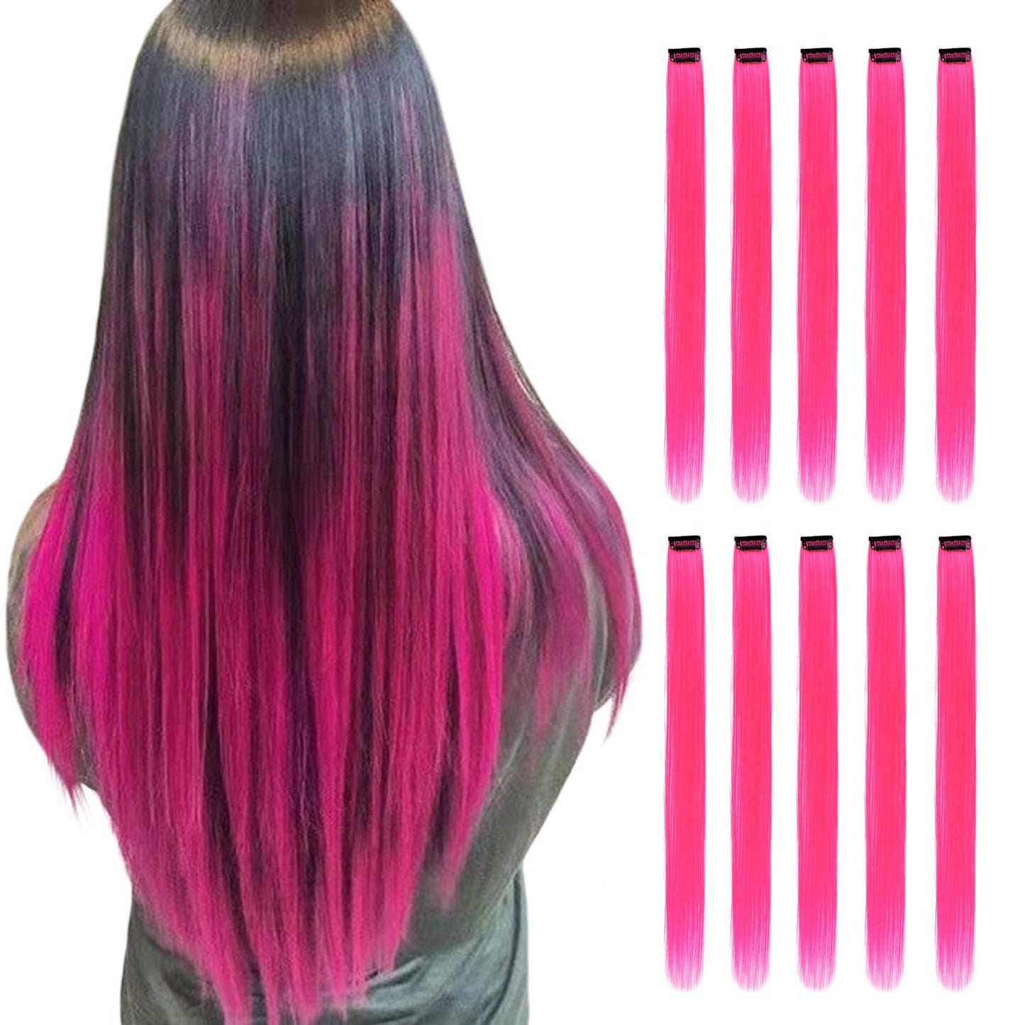 RINBOOOL Pink Hair Extensions Clip in, 22 Inch 10 Pcs Long Straight Colored, for Kids Girls Women Highlight Party, Synthetic