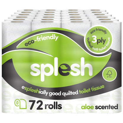 Splesh by Cusheen 3-ply Toilet Roll - Aloe Vera Fragrance (72 Pack) Soft, Quilted Bulk Toilet Rolls, Toilet Tissue and Loo Rolls – Eco-Friendly Toilet Paper Sustainably Crafted in The UK