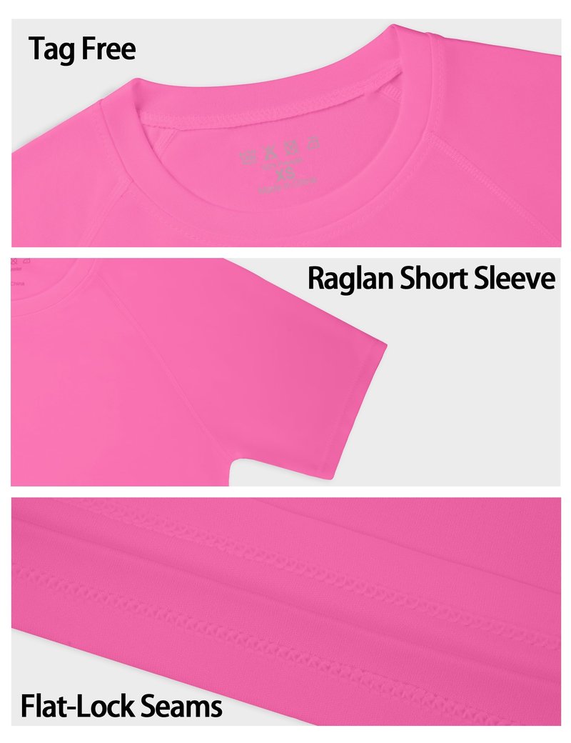 DRONIRING Boys Rash Guard Swim Shirt, UPF 50+ Sun Protection Short Sleeve Rashguard, Kids Quick Dry Beach Surfing Water Shirt Hot Pink