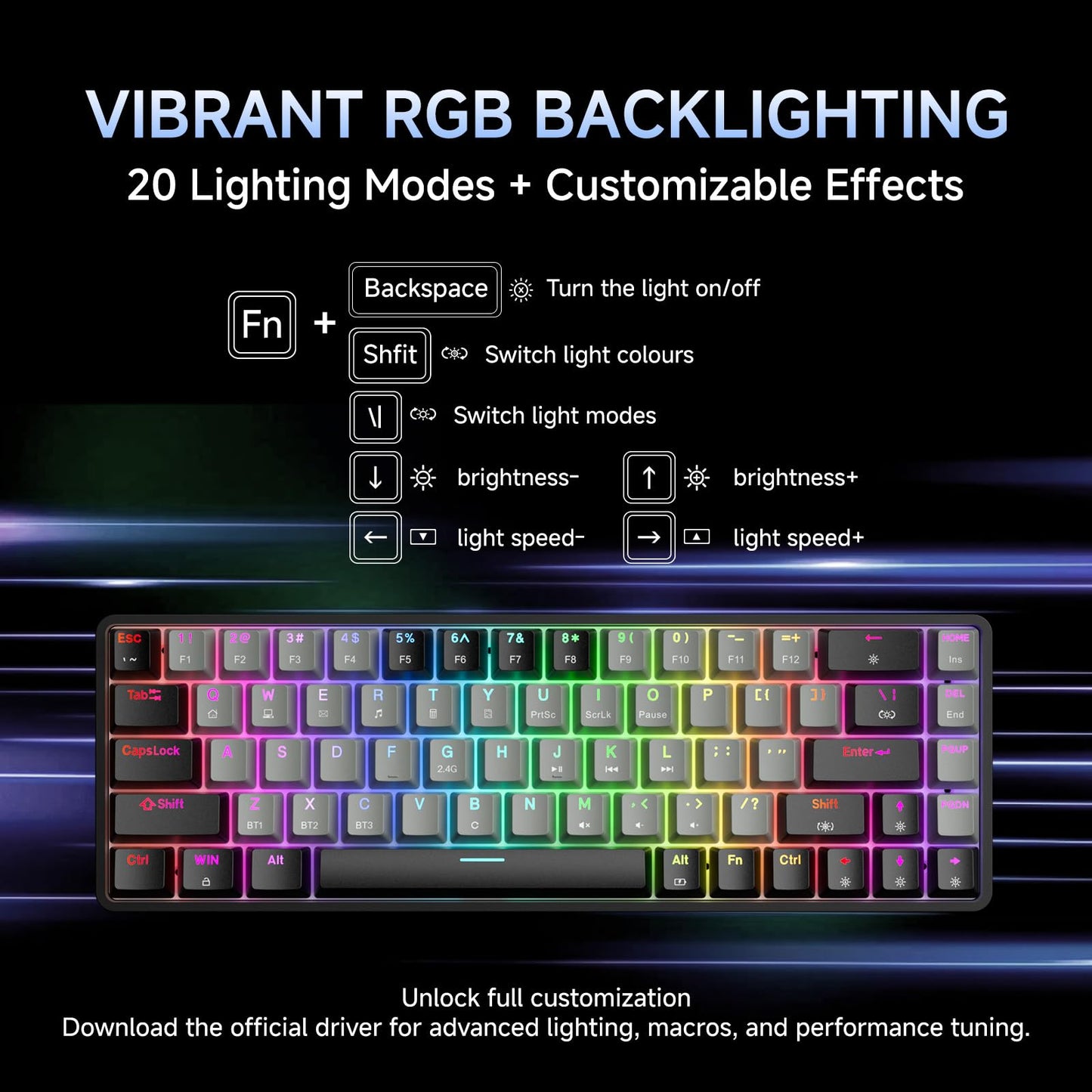 Dierya DK68 Wireless Gaming Keyboard, Triple Mode-Bluetooth/2.4GHz/USB-C Mechanical Keyboard, RGB Backlit, Linear Red Switch for Gaming & Office, Black Grey