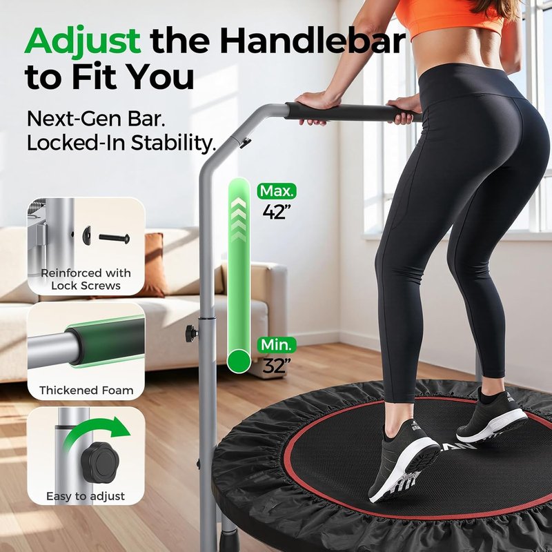 BCAN Foldable Mini Trampoline - Fitness Rebounder for Adults, Max Load 440lbs | Adjustable Foam Handle, Indoor/Garden Use