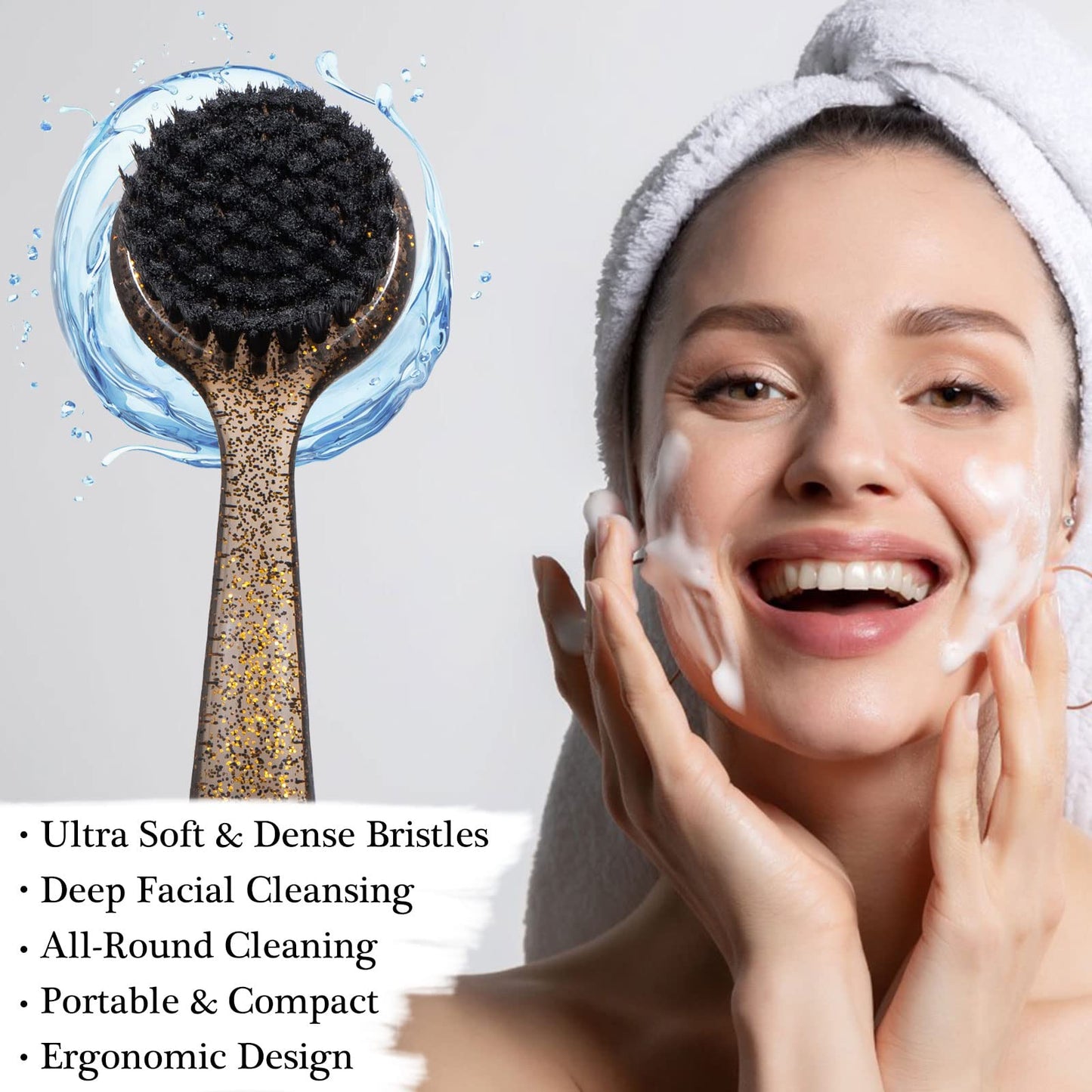 2 Pcs Large Facial Cleansing Brush, Face Brush Cleanser, Upgraded Soft Exfoliating Face Wash Brush Face Scrubber for Skincare, Black Charcoal Bristles Glitter Handle