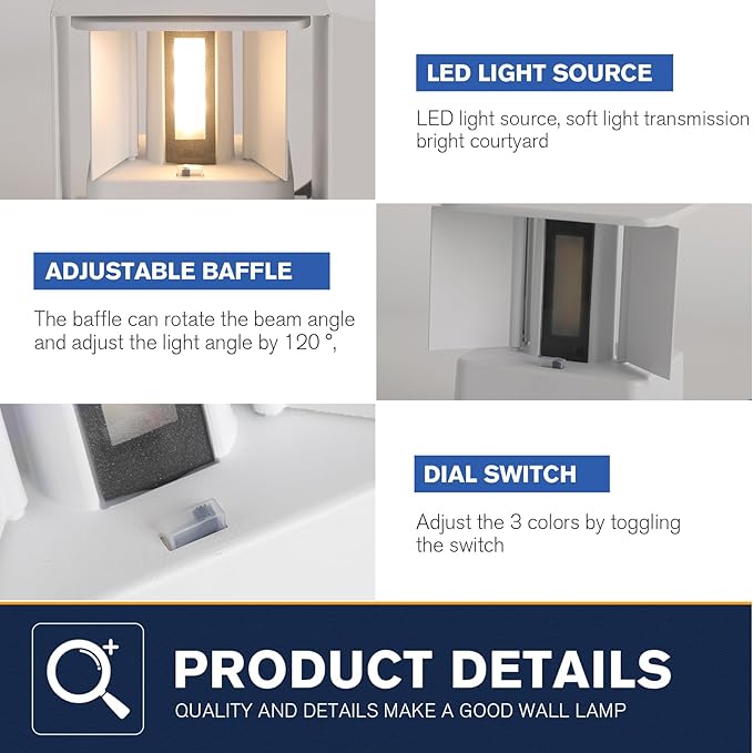 Outdoor Wall Sconce Lights & Indoor Wall Sconces,ETL Listed White Square Wall Lights,3-Color-Temperature Selectable,4.33-Inch,15W Up and Down Lights Outdoor Porch Lights Waterproof Light(4 Pack)