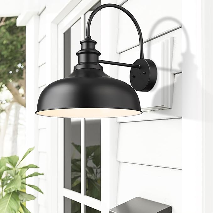 Bestshared Large Farmhouse Barn Lights 16 Inch Dome Outdoor Wall Lighting Fixture Industrial Wall Sconces Exterior Mount Lantern Light for Porch, Entryway, Garage(2Pack, Black+White)