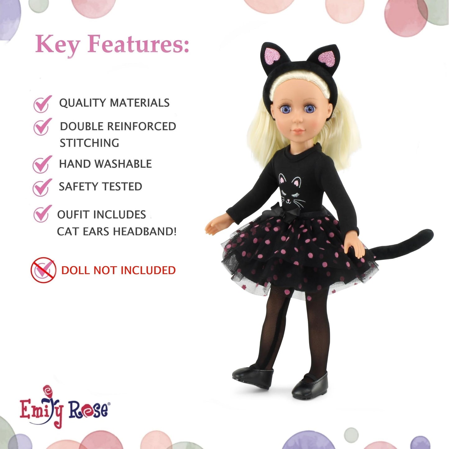 Emily Rose 14 Inch Fashion Doll Clothes | New Improved | 5-PC Black Cat Halloween Costume Clothing Outfit Gift Set, Includes Cat Ears, Tights and Shoes | USA Business