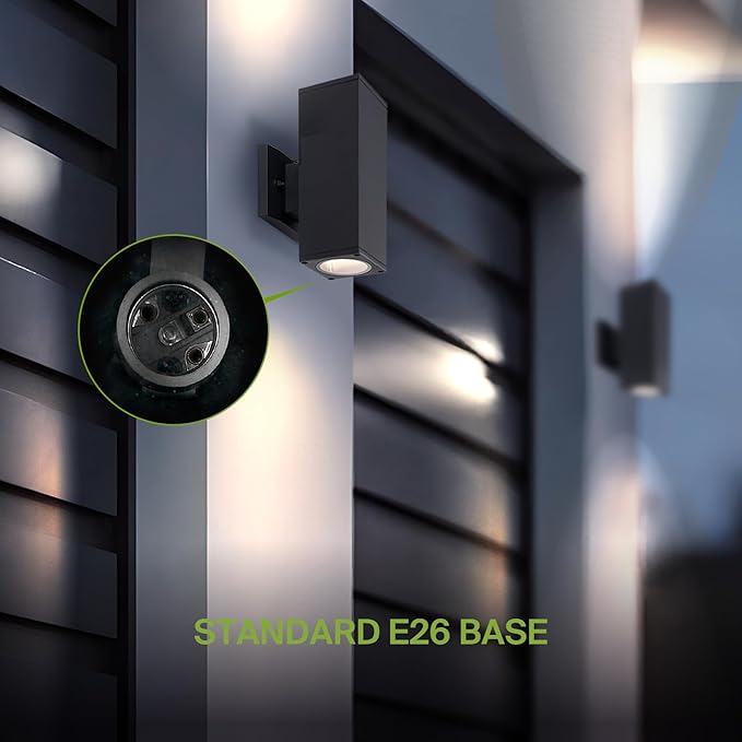 ASD 2 Light Square Dusk to Dawn Outdoor Wall Light Fixture | 120W E26 Socket 120V ETL Cylinder Up Down Lights | LED/CFL/Incandescent Bulb Exterior Wall Sconce | Front Door, Porch Patio | Black