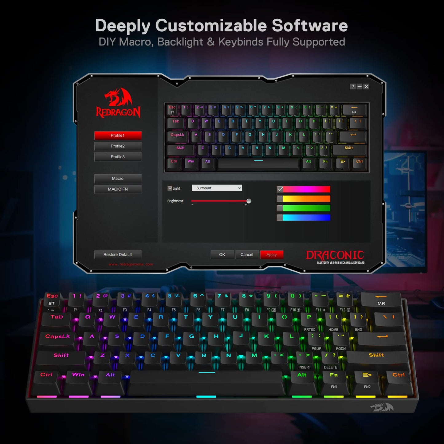 Redragon K530 Pro Draconic 60% Wireless RGB Mechanical Keyboard, Bluetooth/2.4Ghz/Wired 3-Mode 61 Keys Compact Gaming Keyboard w/100% Hot-Swap Socket, Free-Mod Plate Mounted PCB & Tactile Brown Switch