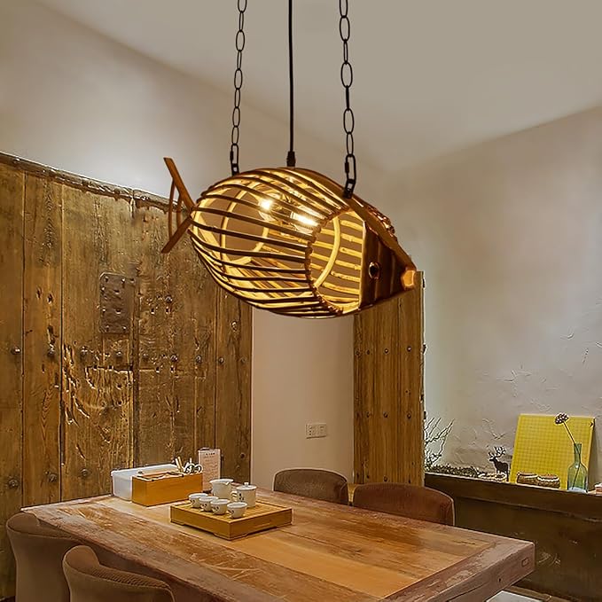Rustic Fish Pendant Light,Hand-Woven Bamboo Hanging Lamp,Adjustable Kitchen Hanging Light,Boho Style Pendant Lamp for Living Room Bedroom