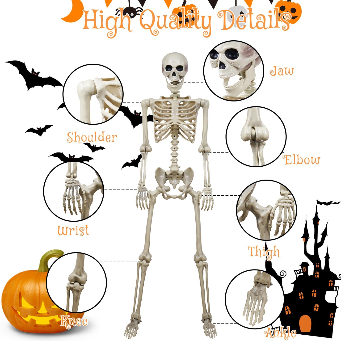 breesky 5.4 ft Halloween Life Size Skeleton, Full Body Realistic Human Bones with Flexible Joints, Skeleton for Halloween Full Size