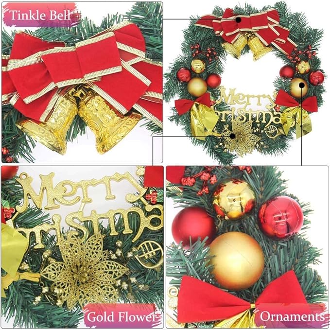 H&W Large Christmas Wreath (19.69 Inch / 50 cm) for Front Door Wall Windows Artificial Poinsettia Xmas Decoration with Tinkle Bell Bowknot and Small Ornaments (MC7-D1)