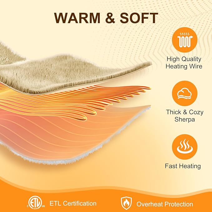 Electric Blanket Queen Size Single Control - 84"X90" Soft Double Sided Sherpa Heated Blanket with 6 Fast Heating Levels & 10 hrs Timer Settings, Washable & ETL Certified for Bed, Beige