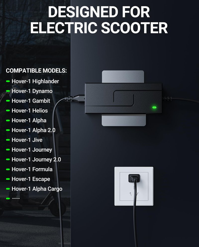 SAYSOLAK 42V 2A Electric Scooter Charger for Hover-1 Journey Alpha Highlander Dynamo Gambit Helios Alpha Cargo Escape Formula Jive Scooters, 9.8Ft Power Adapter Replacement Fit for 36V Li-Ion Battery
