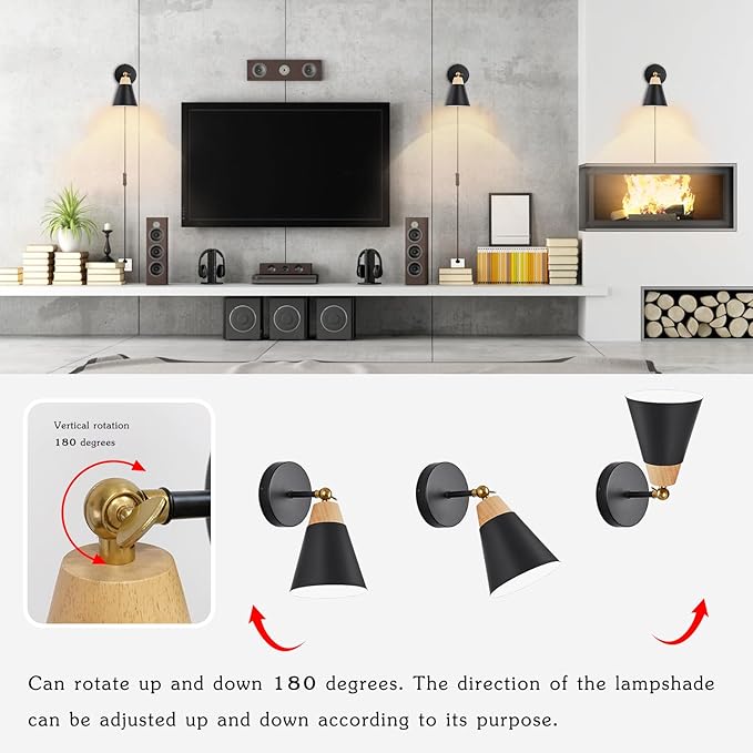Wall Sconce Set of 2, Wall Sconce with Metal Shade, Plug Switch, Indoor Decor Wall Mount Swing Arm Lamp for Bedroom,Hallway,Living Room,Reading, Black