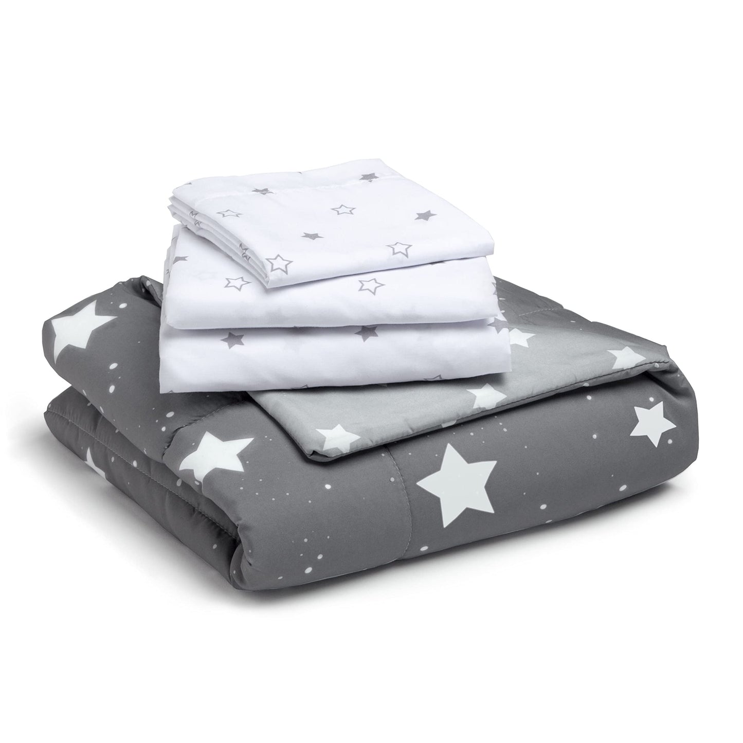 Delta 4-Piece Reversible Toddler Bedding Set - Fitted Sheet, Top Sheet, Pillowcase, 2-in-1 Comforter - For Boys, Dusty Skies & Grey Stars