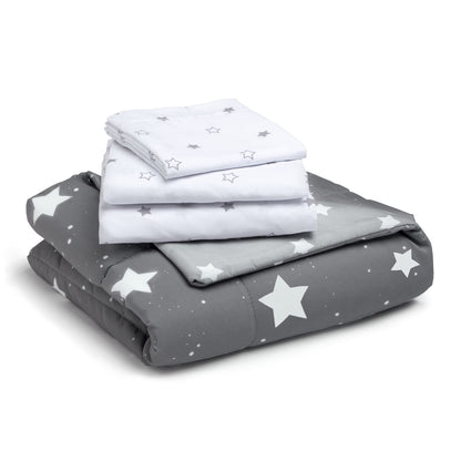 Delta 4-Piece Reversible Toddler Bedding Set - Fitted Sheet, Top Sheet, Pillowcase, 2-in-1 Comforter - For Boys, Dusty Skies & Grey Stars
