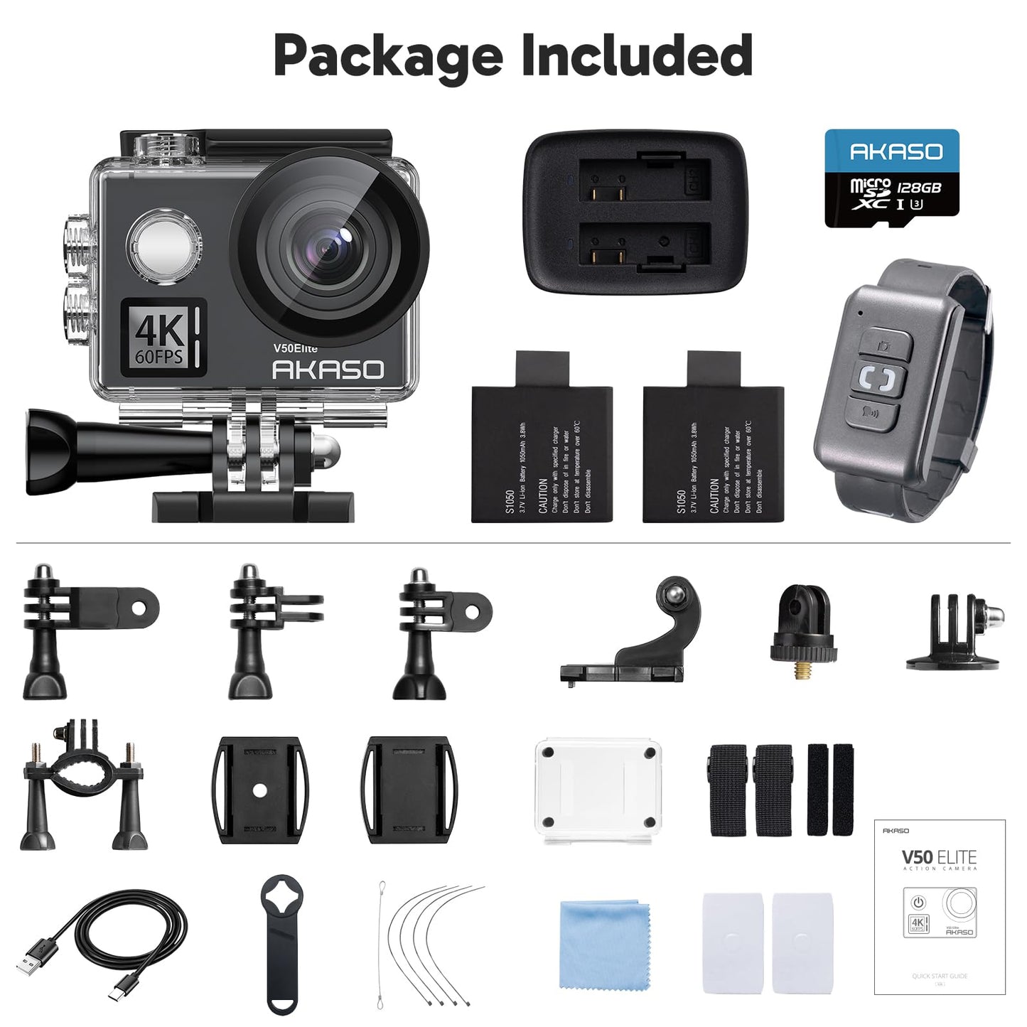 AKASO V50 Elite 4K60fps Action Camera with 128GB MicroSDXC U3 Memory Card Accessories Kit Bundle Voice Control EIS 131 feet Waterproof Camera 8X Zoom Remote Control