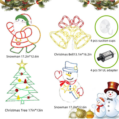 Pytopkto Christmas Decorations - 16" Christmas Window Silhouette Lights - 4 Pack Colour Lighted Christmas Tree ＆ Snowman ＆ Santa ＆Bell for Holiday Indoor and Outdoor Wall Door Window Decorate