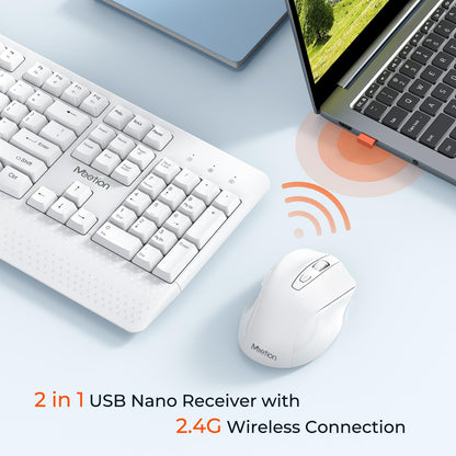 MEETION Wireless Keyboard and Mouse, Full-Sized Cordless Keyboard with Wrist Rest and 3 DPI Adjustable Mouse, Keyboard and Mouse Set with 2.4GHz USB Receiver, for PC/Computer/Laptop/Windows/Mac, Pink