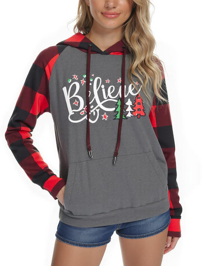Christmas Hoodies Women Christmas Sweatshirts Believe Tree Shirt Xmas Vacation Graphic Casual Long Sleeve Pullover Tops Blouse L