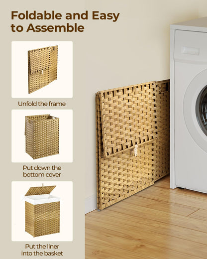 GREENSTELL Laundry Hamper with Lid, 60L Clothes Hamper with 2 Removable Liner Bags & 2 Mesh Laundry Bags, Handwoven Synthetic Rattan Laundry Basket for Clothes, Toys in Bathroom, Bedroom Natural