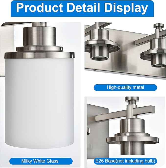 MELUCEE 3 Light Vanity Lights, Brushed Nickel Bathroom Light Fixtures with Milky White Glass Shade, Modern Wall Lights for Mirror Living Room Dressing Room Hallway, E26 Base