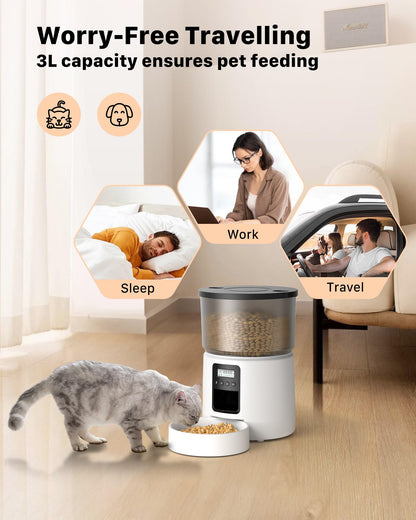 BEMOONY Automatic Cat Feeder, Cat Food Dispenser with 1-6 Meals, Customized Feeding Schedule for Cats & Dogs, Dual Power Supply, Double Lock, 10s Voice, 3L Pet Feeder Including Desiccant Bag, White