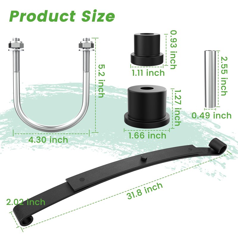 10L0L Heavy Duty Tapered Rear Leaf Springs Kit (2-Leaf) for EZGO RXV 2008-2013 - Includes Bushings, U-Bolts, Nuts, Sleeves - OEM 603498 604494
