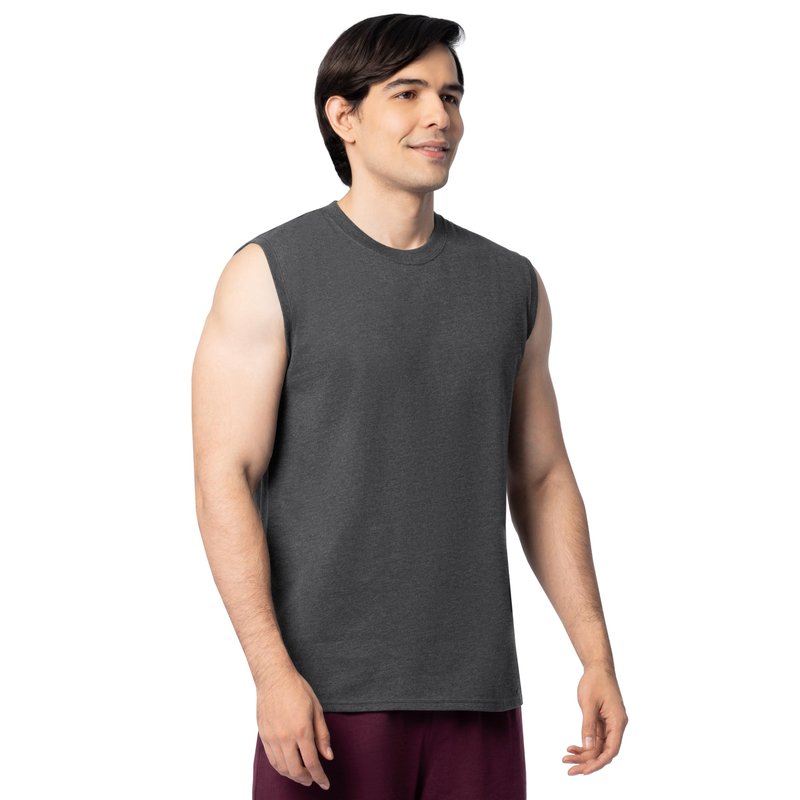 Fruit of The Loom Men's Eversoft Cotton Sleeveless T Shirts, Breathable & Moisture Wicking with Odor Control, Sizes S-4X, Muscle-2 Pack-Black Heather, XX-Large