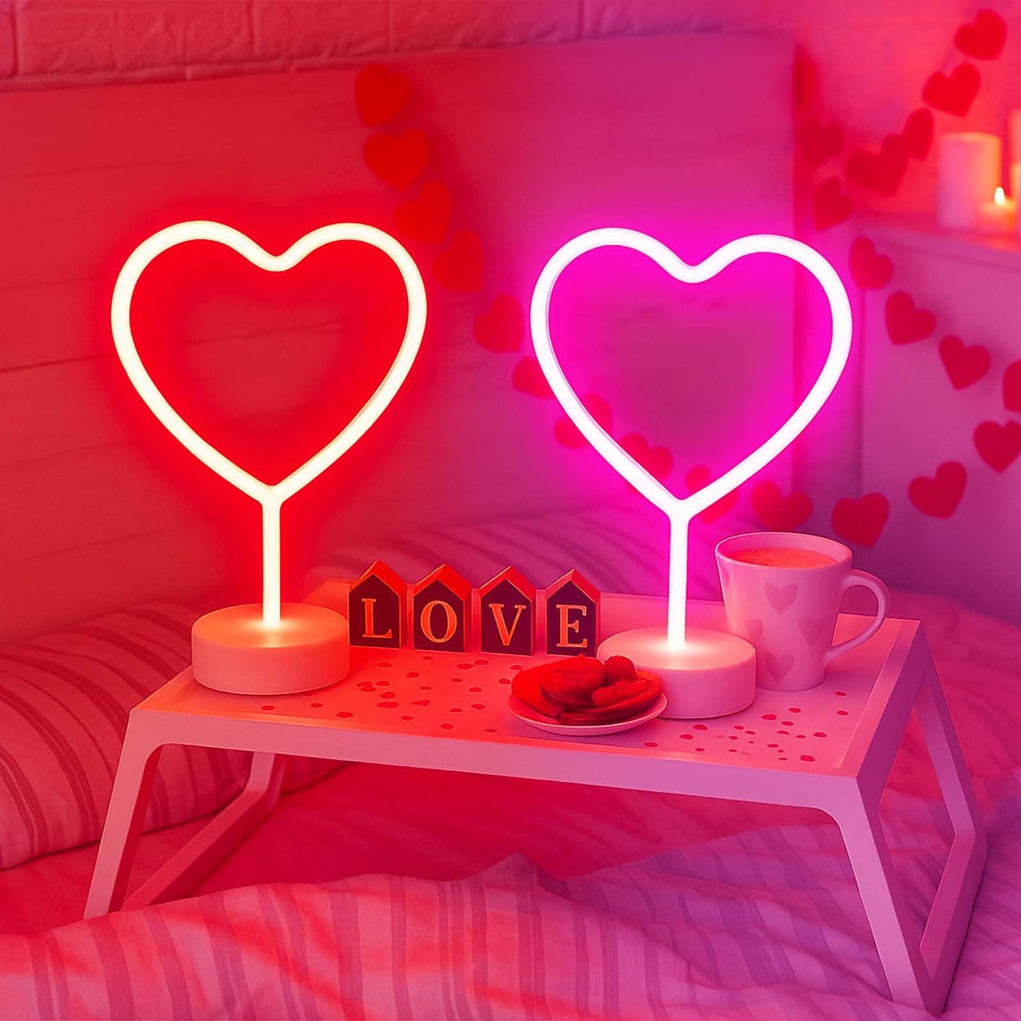 BHCLIGHT Pink Heart Neon Sign, Valentines Day LED Neon Light Battery Operated or USB Powered Valentines Pink Heart Lights, Table Lamp for Galentines Day Decorations, Wedding, Gifts for Women, Lover