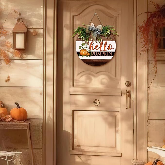 Hello Pumpkin Sign for Front Door Fall Rustic Harvest Hanging Sign With Bow and Wreath Thanksgiving Welcome Wood Sign Door Signs for Farmhouse Autumn Home Porch Wall Holiday 12 Inch