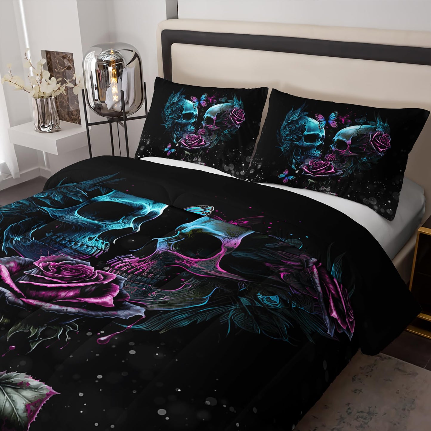Tuzaovy Skull Bedding Set Queen Size,Goth Bedding Sets Queen with Comforter,Skull Comforter Set,Rose Comforter Halloween Skull Bed Comforter,Blue Comforter Black Bedding Skull Quilt