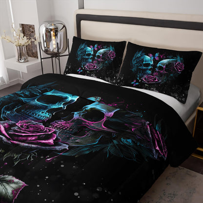 Tuzaovy Skull Bedding Set Queen Size,Goth Bedding Sets Queen with Comforter,Skull Comforter Set,Rose Comforter Halloween Skull Bed Comforter,Blue Comforter Black Bedding Skull Quilt