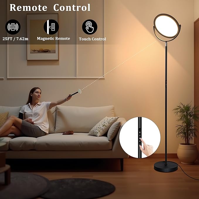 Floor Lamps for Living Room,Bright Tall Lamp, 300° Flexible Head Modern Torchiere Standing Lamp with Remote & Touch, 3000K-6000K Dimmable LED Lights for Bedroom, Office (Black)