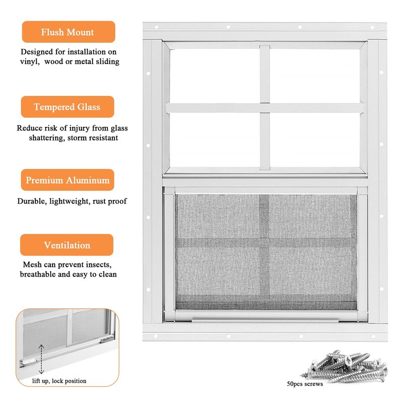 2 Pack Shed Window, 12" x 16" Sliding Windows Flush Mount with Tempered Glass and Fiberglass Screen for Shed, Chicken Coop, Barn, Playhouse, Household, Garage