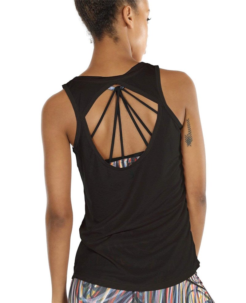 icyzone Yoga Tops Activewear Workout Clothes Open Back Fitness Racerback Tank Tops for Women(XL,Black/Pale Blush)