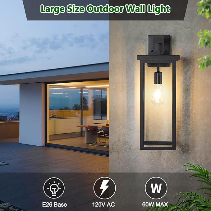 tewei Large Size Outdoor Wall Lantern Exterior Wall Light Fixture, Matte Black Porch Light Waterproof Outdoor Lights for House with Clear Glass Shade, E26 Base Wall Sconces for Garage (1 Pack)