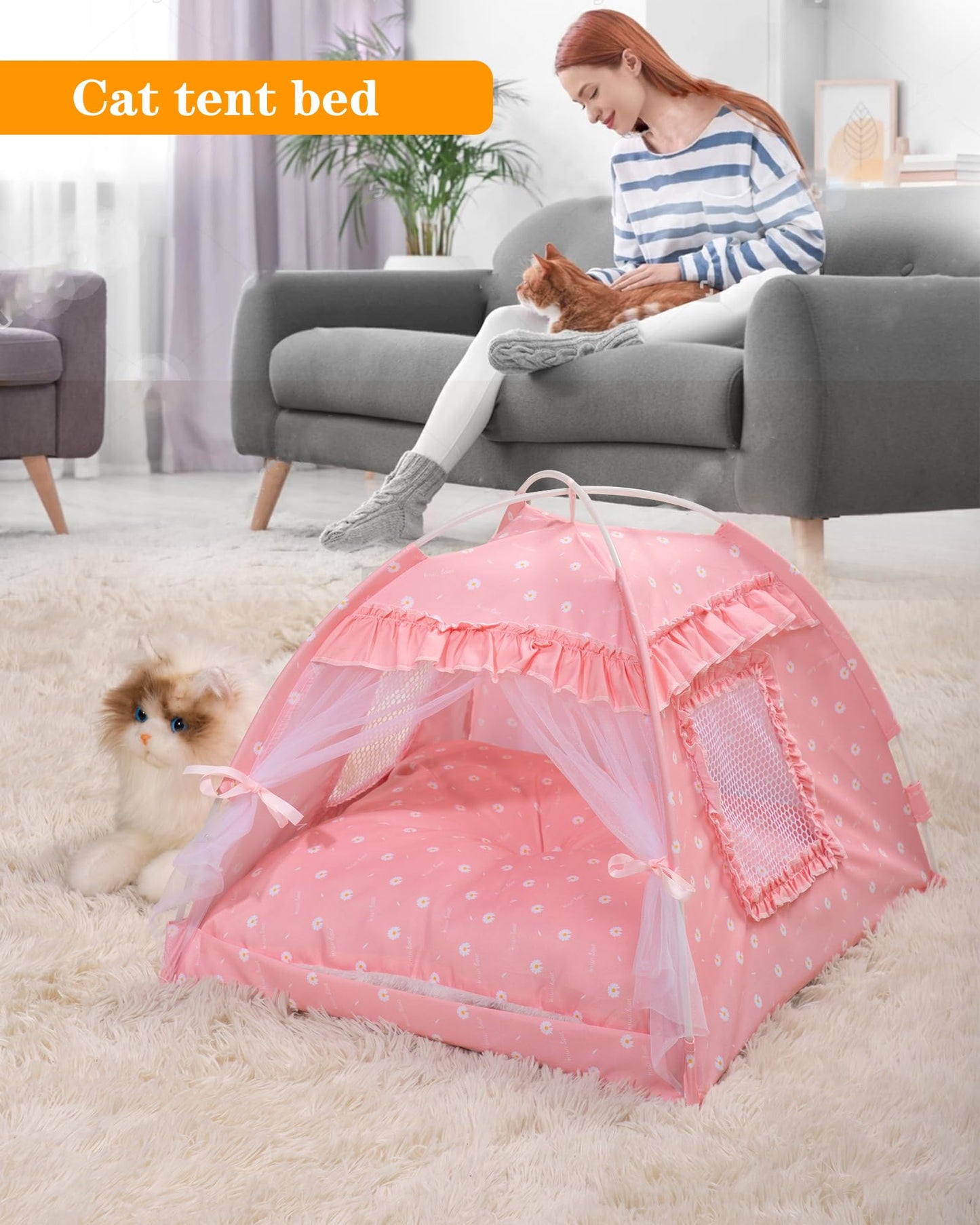 SEIMMIE Cat Princess Bed Tent House - Kitty Cute Tent Indoor,Small Dog House Indoor/Outdoor Cave Nest Bed Small Dog Tent for Cat,Puppy Tent (15.7"x15.7"x14.5"/Pink)