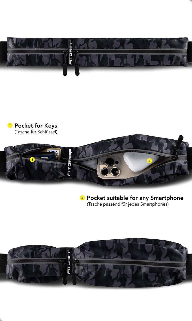 Fitgriff® Running Belt for Men & Women - Secure Jogging Pouch for Phone, Keys & Essentials - For All Cell Phones (Camo-Black, 33.5" - 47.5" Waist Size)