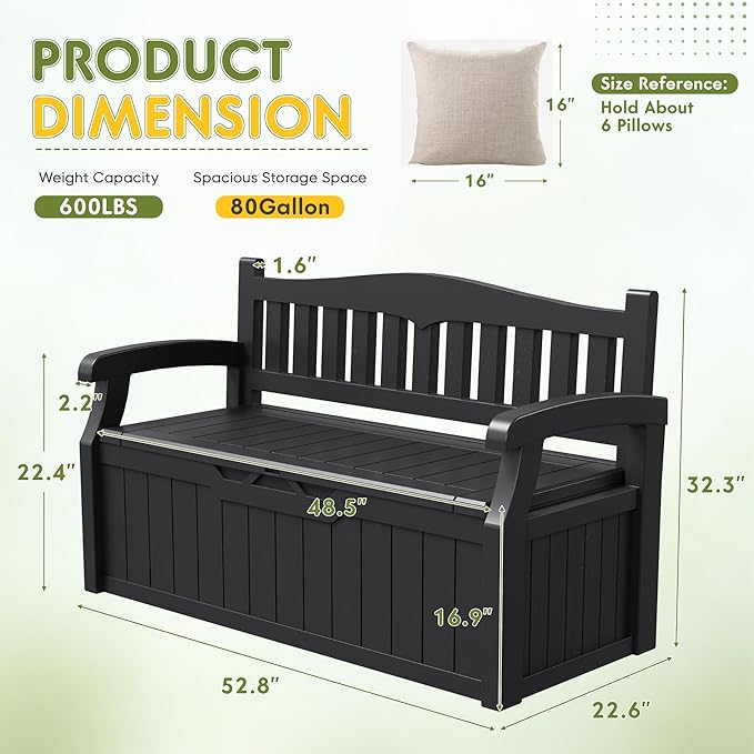 Greesum 80 Gallon Storage Bench Outdoor Deck Box with Armrest, Patio Furniture, Lockable, Waterproof and UV Resistant, Suitable for Garden, Poolside, Dark Black