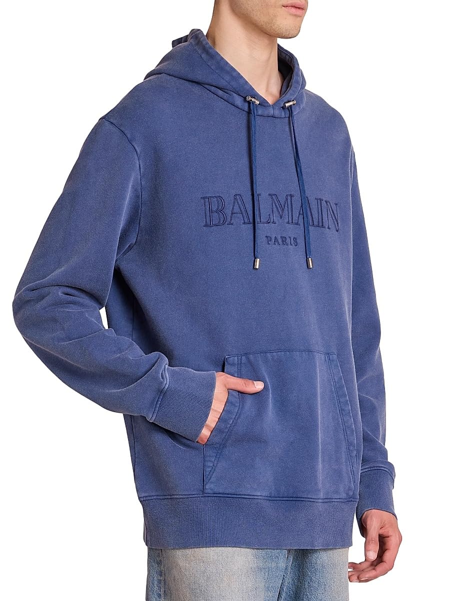Balmain, Embroidered Logo Cotton Hoodie, Medium, Blueblue